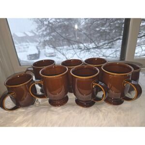 Set of 8 Vintage MCM Amber Brown Glazed Footed Coffee Mugs - Excellent Condition
